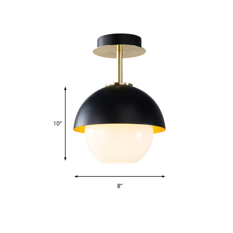 Vetro Orb Semi Flush Mount Luce con Domed Shade Bagno 1 Luce Lampada da soffitto moderna in nero