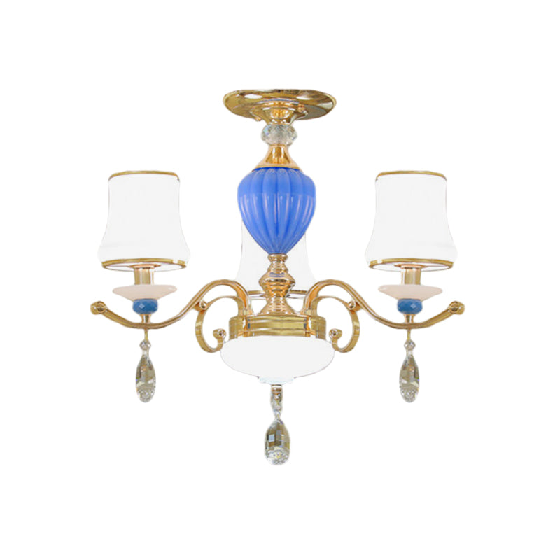 Rural Bell Semi Flush Mount Candelier Class Opal 3/6/8 Lámpara de techo de sala de estar con gotas de cristal en oro