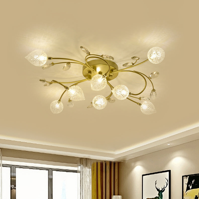 Sputnik Semi Flush Light Rustic Clear Glass 8/12-Head Bedroom Ceiling Flush Mount with Crystal Deco in Black/Gold