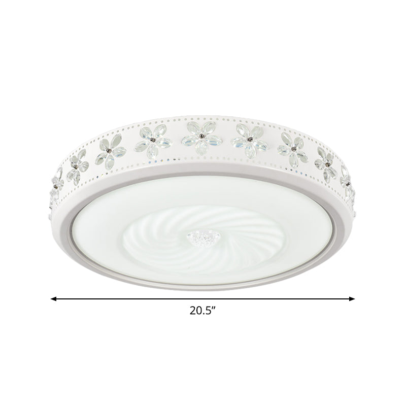 Round Metal Ceiling Fixture Minimalism 20.5"/24.5" Wide LED White Flush Mount Lamp with Floral Crystal Deco in Warm/White Light