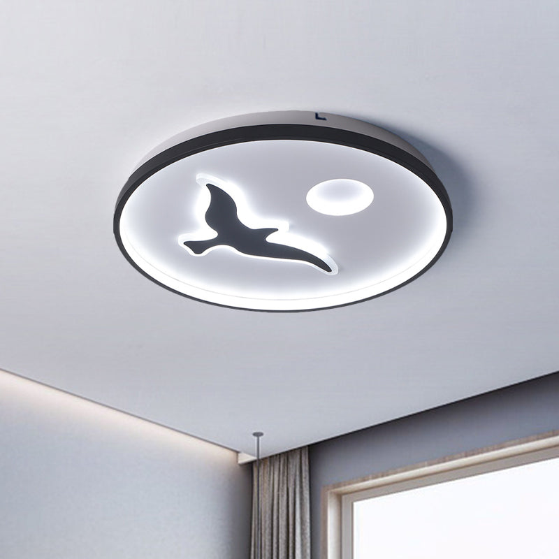 Rounded Metal Flush Light Nordic 16.5"/20.5"/24.5" Wide LED Black Flush Mount with Bird and Sun Pattern in Warm/White Light