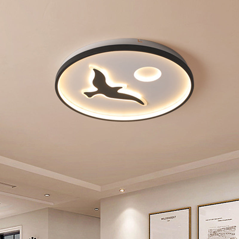Rounded Metal Flush Light Nordic 16.5"/20.5"/24.5" Wide LED Black Flush Mount with Bird and Sun Pattern in Warm/White Light