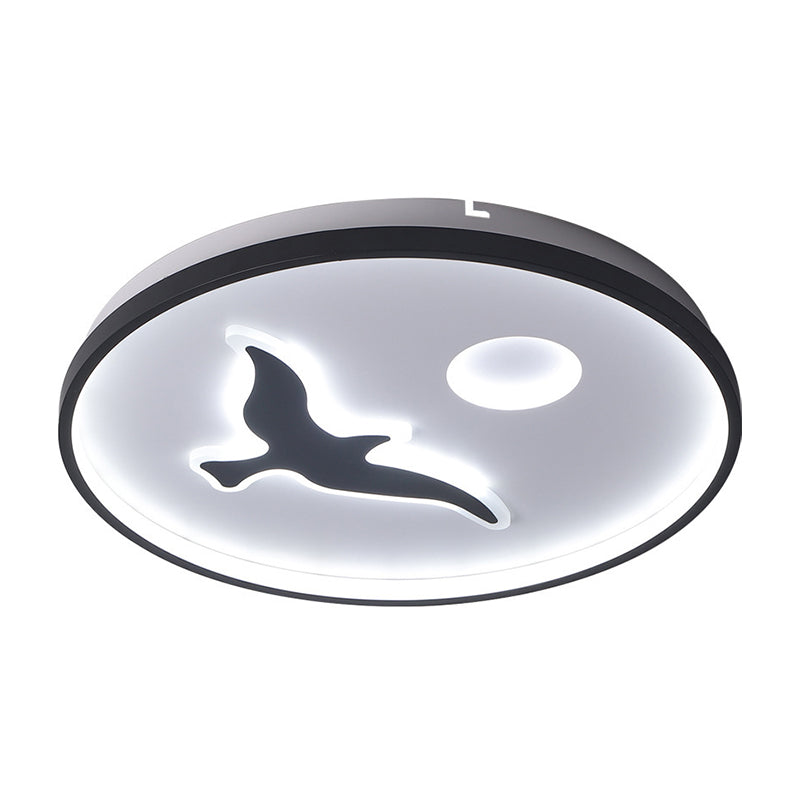 Rounded Metal Flush Light Nordic 16.5"/20.5"/24.5" Wide LED Black Flush Mount with Bird and Sun Pattern in Warm/White Light