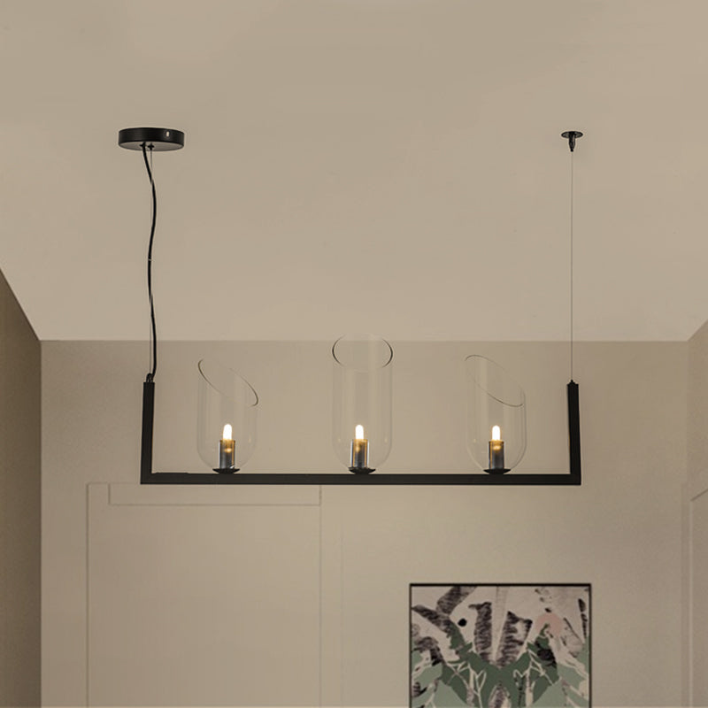 Metallic Linear Chandelier Lamp Post Modern LED Pendant Light in Black with Oblique Clear Shade, Warm/White Light