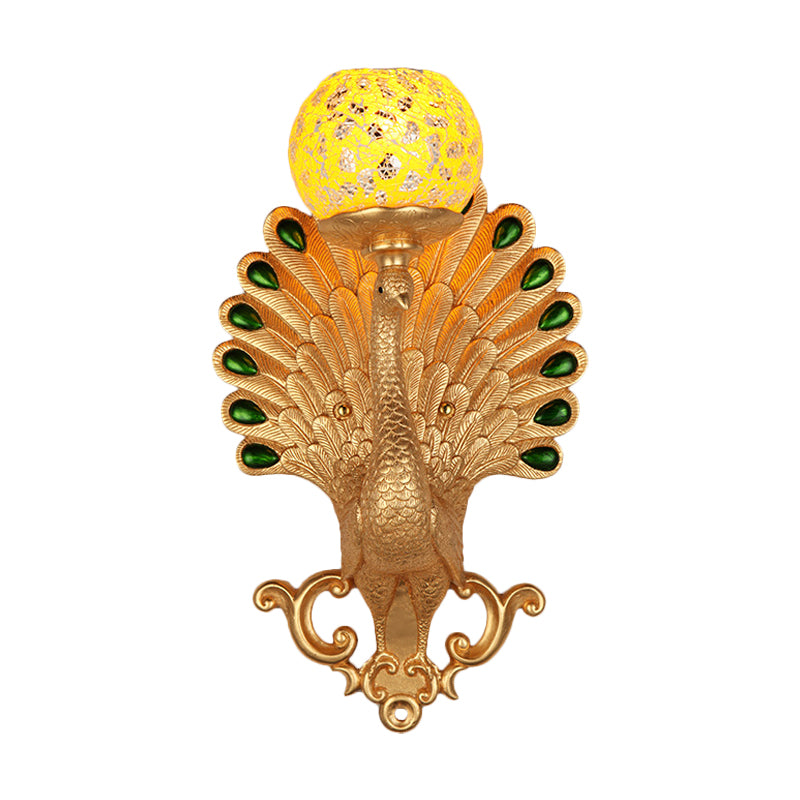 Country Bubble Wall Lighting 1 Light Crackle Glass Wall Mounted Lamp with Peacock Detail in Gold