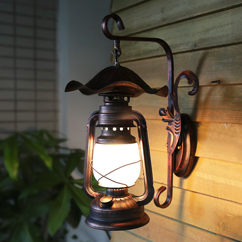 Single Bulb Wall Lighting Rural Kerosene Lamp Frosted Glass Wall Light Sconce in Weathered Copper