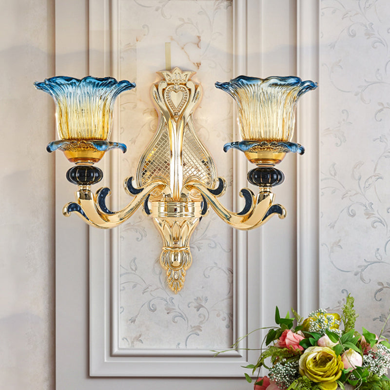 2 Bulbs Flower Wall Sconce Antiqued Light Gold Clear Ruffle Glass Wall Mounted Lamp with Curved Arm