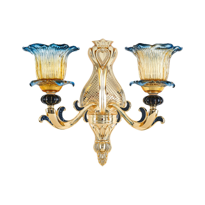 2 Bulbs Flower Wall Sconce Antiqued Light Gold Clear Ruffle Glass Wall Mounted Lamp with Curved Arm