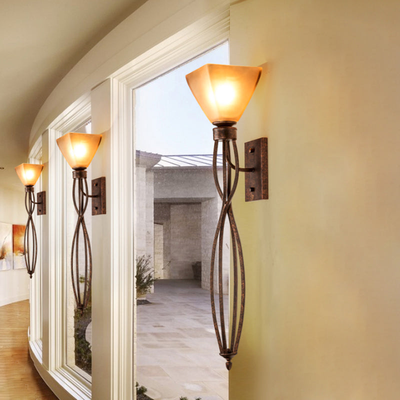 Trapezoid Corridor Wall Mounted Lamp Rustic Amber Glass Single Light Rust Wall Lighting with Twisted Line Arm