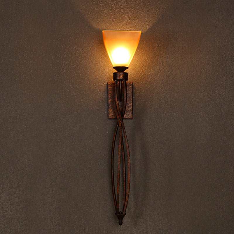Trapezoid Corridor Wall Mounted Lamp Rustic Amber Glass Single Light Rust Wall Lighting with Twisted Line Arm