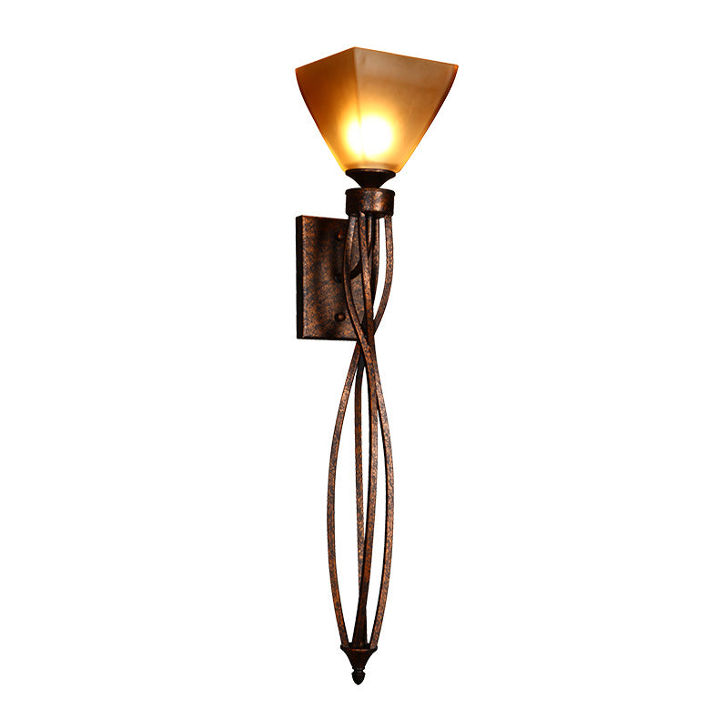 Trapezoid Corridor Wall Mounted Lamp Rustic Amber Glass Single Light Rust Wall Lighting with Twisted Line Arm