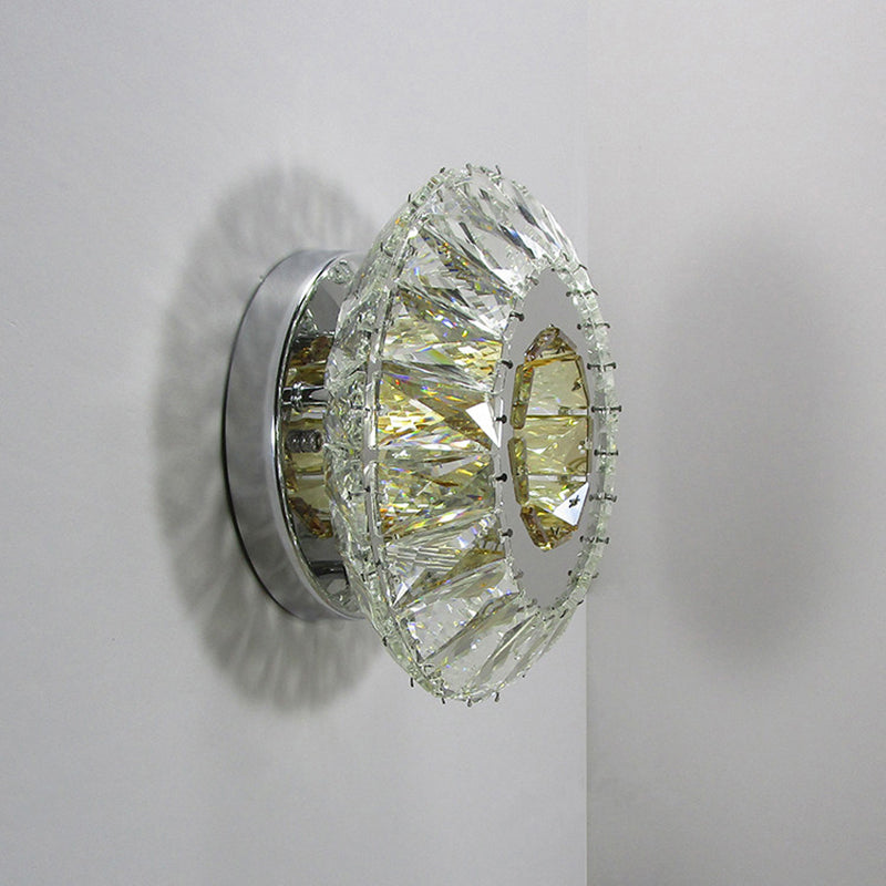 Faceted Crystal Round Wall Mounted Lamp Contemporary LED Chrome Sconce in 3 Color Light