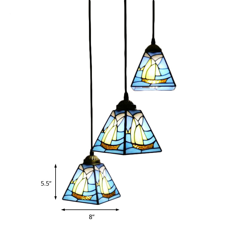 Lámpara de colgación cónica de vidrieras Tiffany 3 Bulbos Blue Mini Cluster Colgante para sala de estar