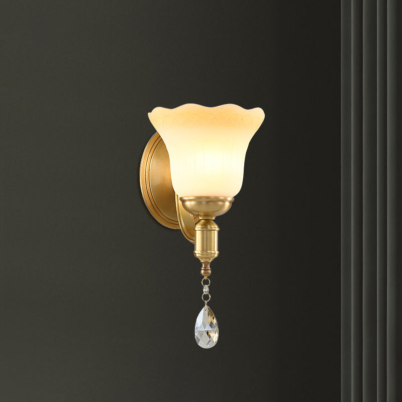 Blossom Opaque Glass Wall Lamp Retro Style 1/2-Head Gold Wall Lighting Ideas with Crystal Drop