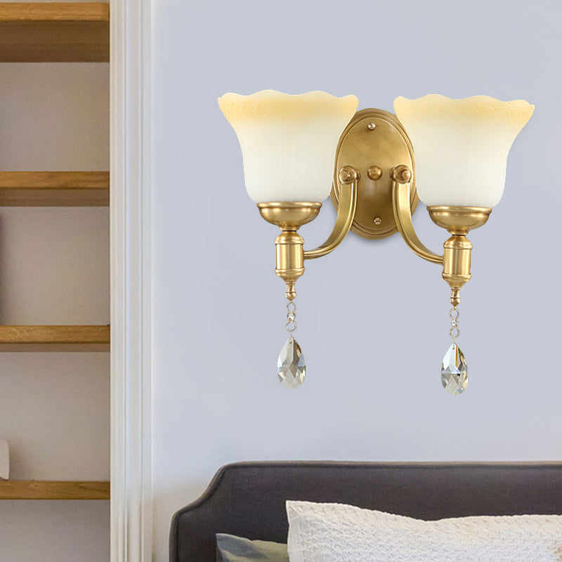 Blossom Opaque Glass Wall Lamp Retro Style 1/2-Head Gold Wall Lighting Ideas with Crystal Drop