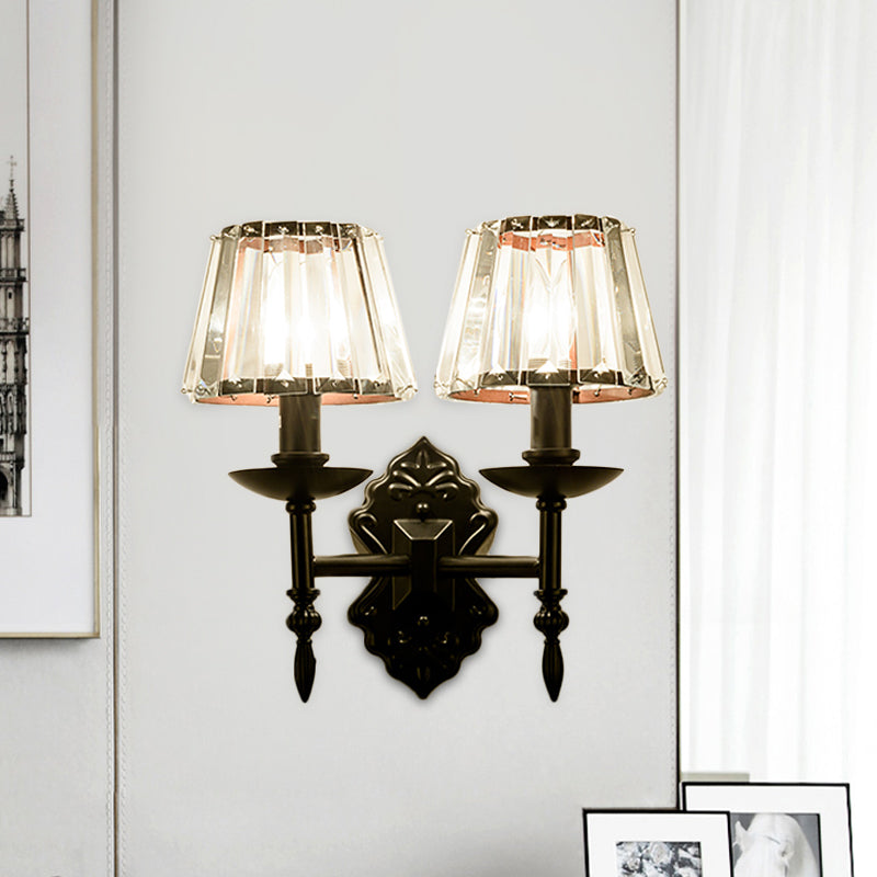 Cone Wall Mounted Lamp Simple Crystal Prisms 1/2-Head Black Wall Light with Candlestick Design