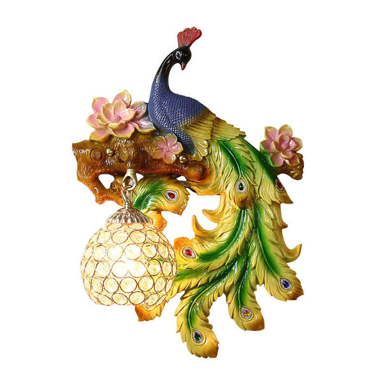 Peacock and Flower Bedroom Sconce Traditional Resin Single Head Blue-Green Wall Lighting Fixture with Orb Hand-Cut Crystal Shade, Left/Right