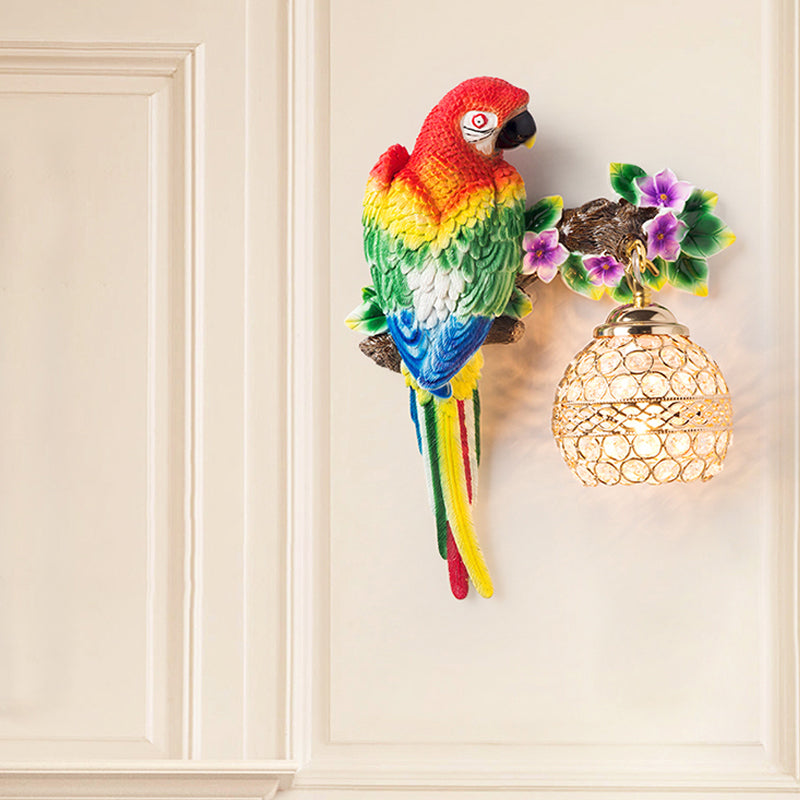 Resin Parrot Wall Sconce Antiqued Single Light Drawing Room Floral Wall Lighting Idea with Ball K9 Crystal Shade in Blue/Red