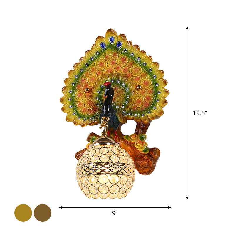 Classic Orb Shape Wall Lamp 1 Head Clear K9 Crystal Sconce Light Fixture with Peacock Decor in Yellow/Gold