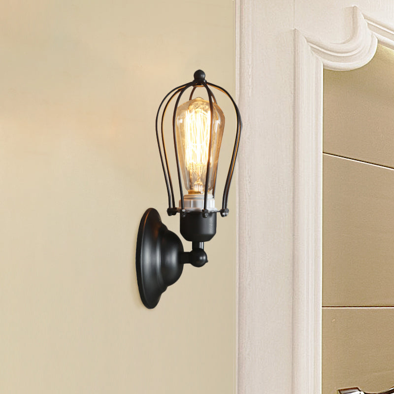 Metallic Oval Caged Wall Mounted Lamp Farmhouse 1-Light Restaurant Wall Lighting Fixture in Antique Bronze/Black