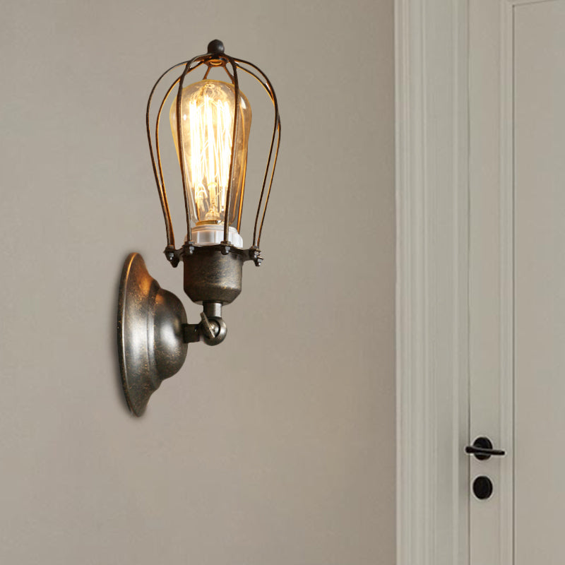 Metallic Oval Caged Wall Mounted Lamp Farmhouse 1-Light Restaurant Wall Lighting Fixture in Antique Bronze/Black