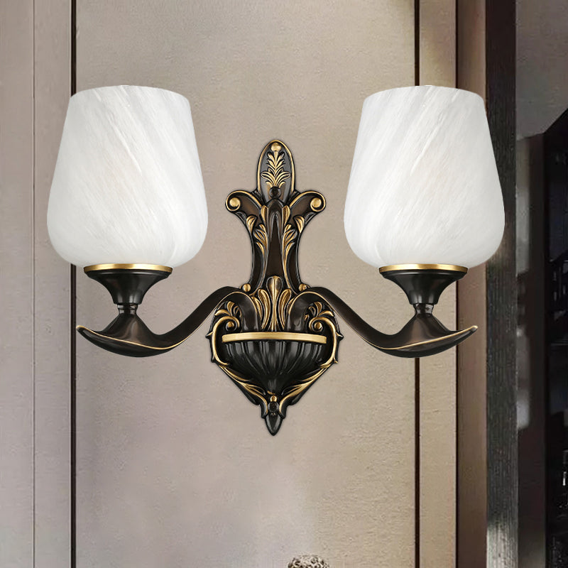 Milky Glass Cup-Like Wall Lamp Traditional 1/2-Light Bedside Wall Lighting Fixture in Black and Gold