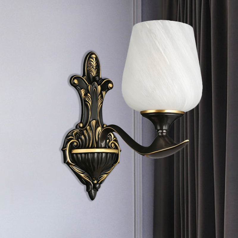 Milky Glass Cup-Like Wall Lamp Traditional 1/2-Light Bedside Wall Lighting Fixture in Black and Gold