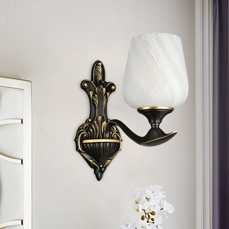 Milky Glass Cup-Like Wall Lamp Traditional 1/2-Light Bedside Wall Lighting Fixture in Black and Gold