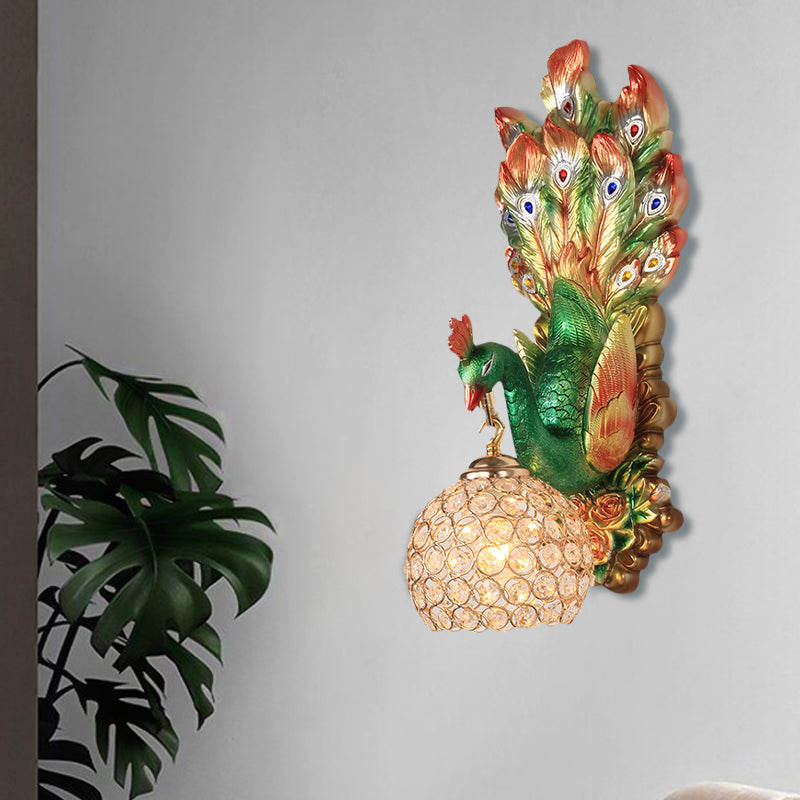 Spherical Bedroom Wall Sconce Farmhouse Clear Faceted Crystal 1 Light Blue/Green/Gold Wall Mounted Lighting with Peacock Design