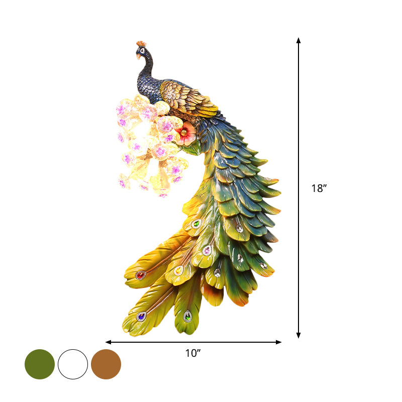 Lámpara de pared de la pared del dormitorio de pavo real resina rural 2 luces de iluminación de pared blanca/verde/dorada con decoración de la bola de cristal floral, izquierda/derecha