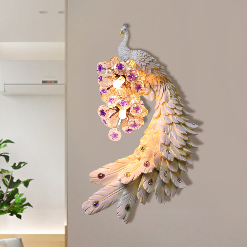 Peacock Bedroom Wall Mounted Lamp Rural Resin 2 Lights White/Green/Gold Wall Lighting Idea with Floral Crystal Ball Decor, Left/Right