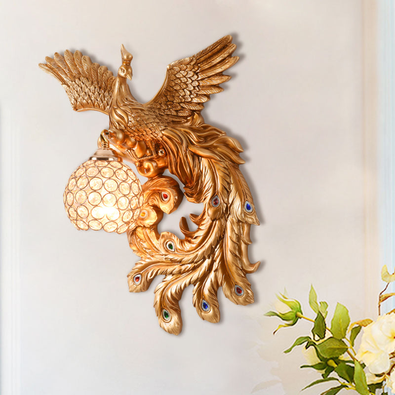 1 Bulb Flying Peacock Wall Mount Light Countryside White/Green/Gold Resin Wall Lighting Idea with Beveled K9 Crystal Shade, Left/Right