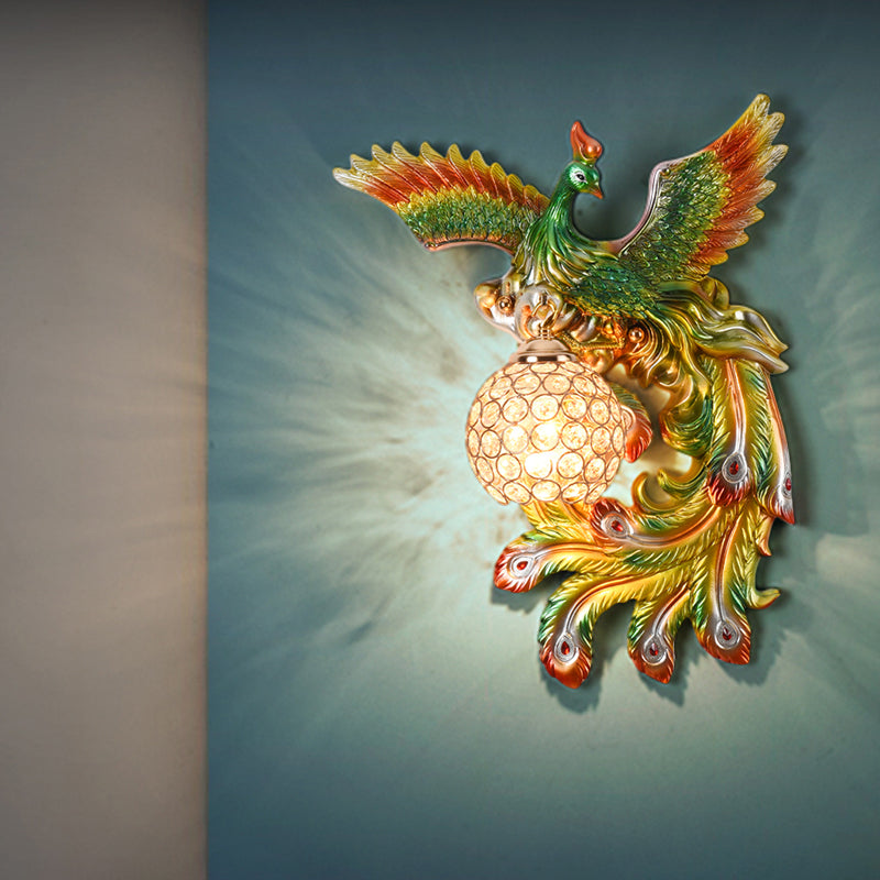 1 Bulb Flying Peacock Wall Mount Light Countryside White/Green/Gold Resin Wall Lighting Idea with Beveled K9 Crystal Shade, Left/Right