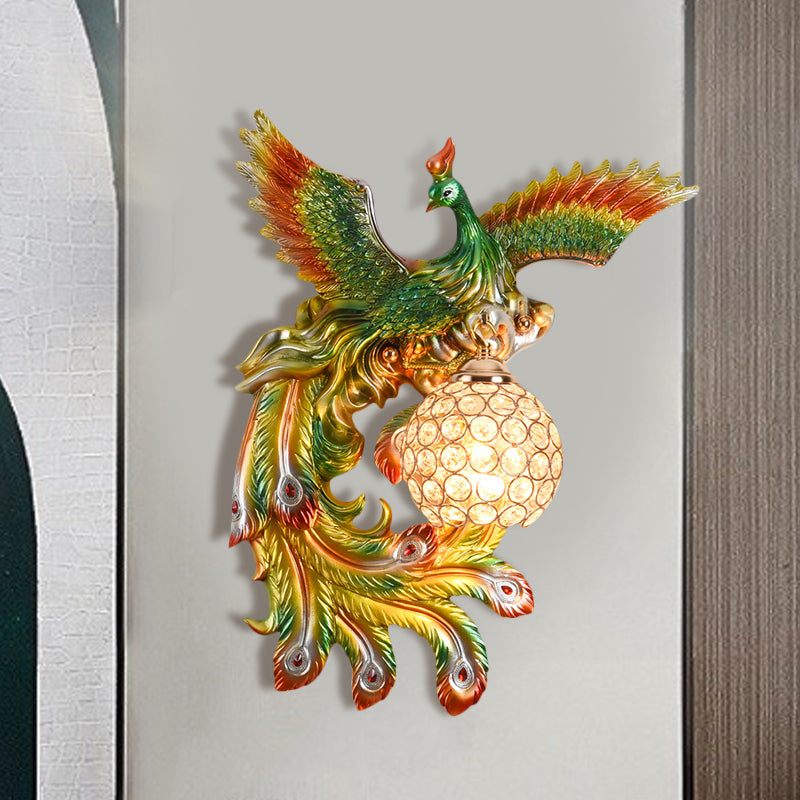 1 Glühbirne fliegende Pfauen Wandmontage leichte Landschaft weiß/grün/goldener Harzwandbeleuchtung Idee mit abgeschrägten K9 -Kristallschatten, links/rechts
