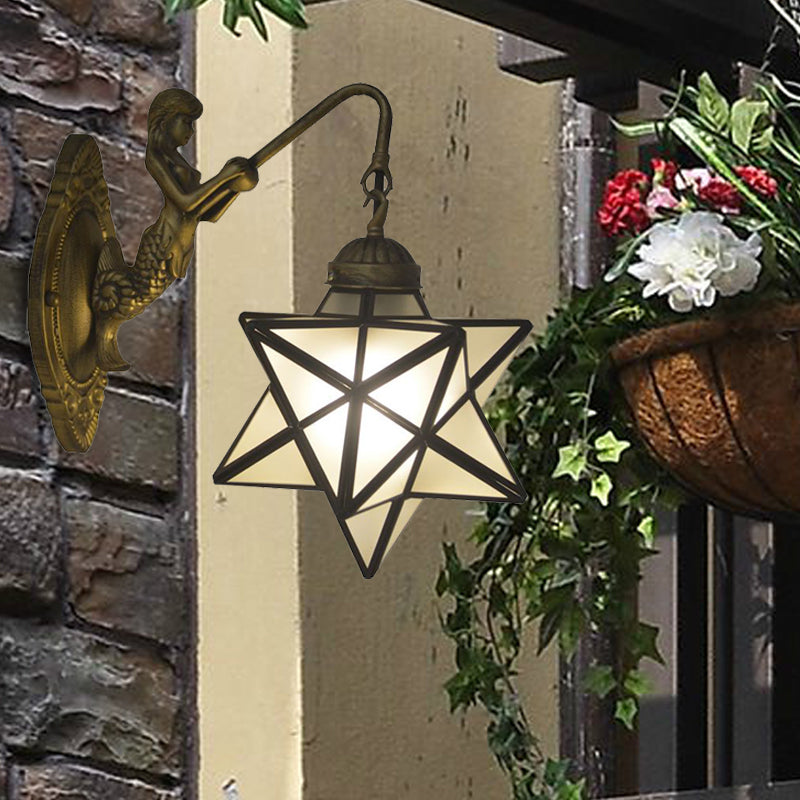 White Glass Star Sconce Lighting Tiffany 1 Head Antique Brass Wall Mount Light with Mermaid Backplate