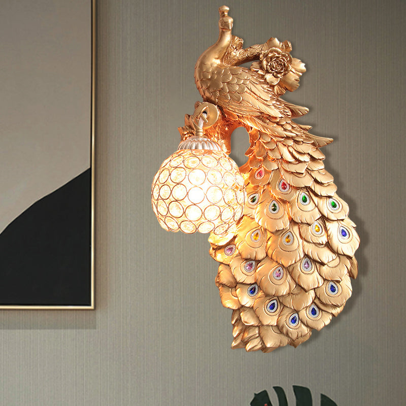 Cleorfingeled Crystal Ball Sfonce Rustic Single Bulb Hallway Wall Montated Light con pavone e decorazioni di rose in bianco/blu/verde, sinistra/destra