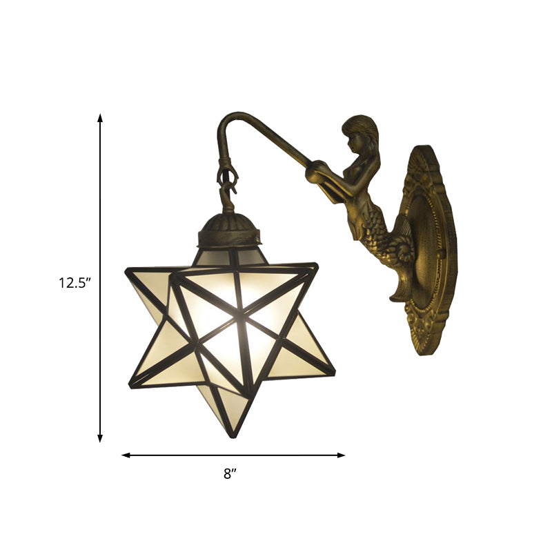 White Glass Star Sconce Lighting Tiffany 1 Head Antique Brass Wall Mount Light with Mermaid Backplate