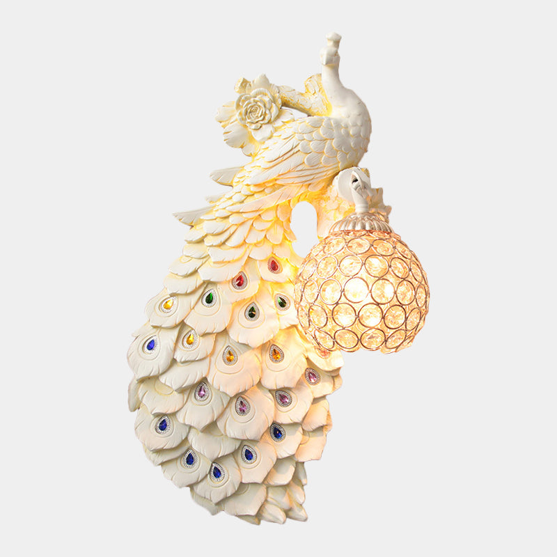 Cleorfingeled Crystal Ball Sfonce Rustic Single Bulb Hallway Wall Montated Light con pavone e decorazioni di rose in bianco/blu/verde, sinistra/destra