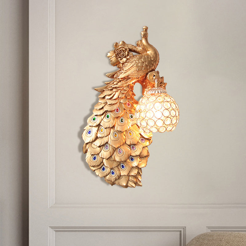 Cleorfingeled Crystal Ball Sfonce Rustic Single Bulb Hallway Wall Montated Light con pavone e decorazioni di rose in bianco/blu/verde, sinistra/destra