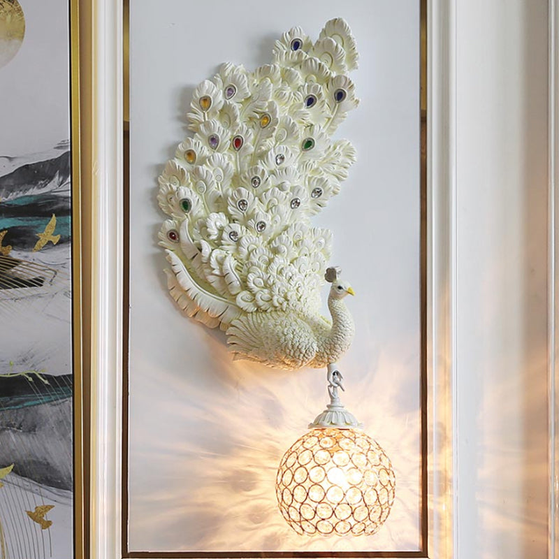 1 Head Wall Lighting Idea Retro Style Left/Right Peacock Resin Wall Sconce Light with Clear K9 Crystal Shade in White/Blue/Green