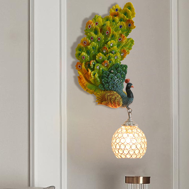 1 Head Wall Lighting Idea Retro Style Left/Right Peacock Resin Wall Sconce Light with Clear K9 Crystal Shade in White/Blue/Green