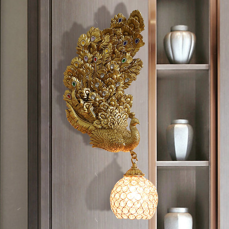 1 Head Wall Lighting Idea Retro Style Left/Right Peacock Resin Wall Sconce Light with Clear K9 Crystal Shade in White/Blue/Green