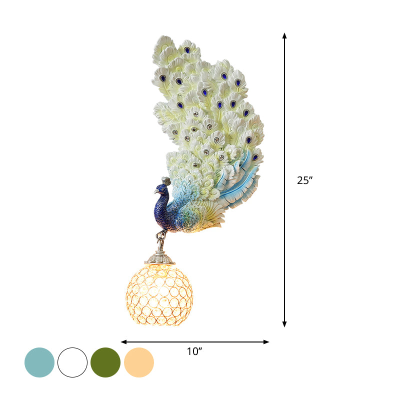 1 Head Wall Lighting Idea Retro Style Left/Right Peacock Resin Wall Sconce Light with Clear K9 Crystal Shade in White/Blue/Green
