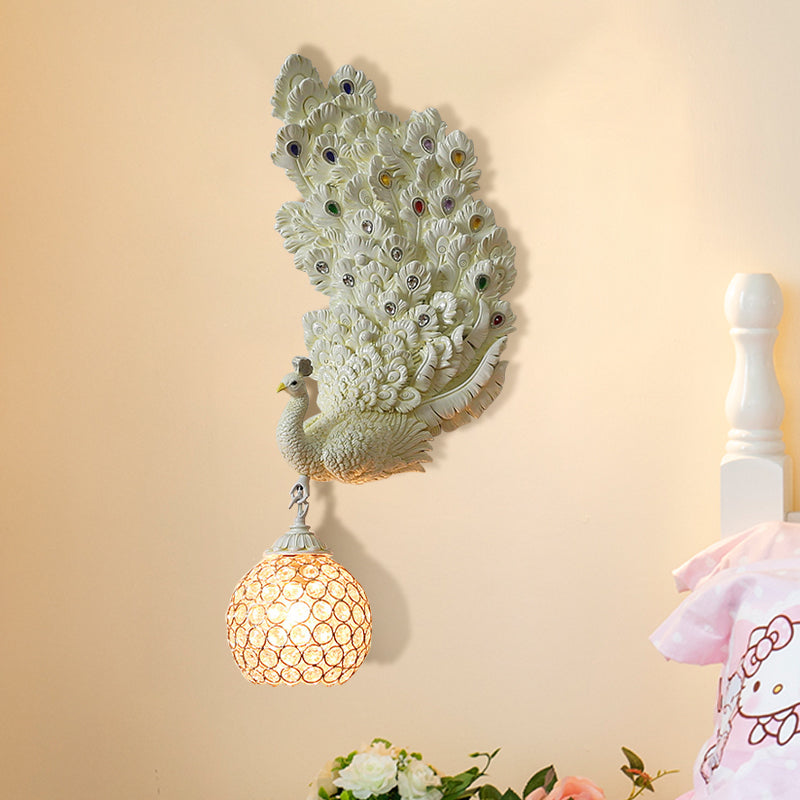 1 Head Wall Lighting Idea Retro Style Left/Right Peacock Resin Wall Sconce Light with Clear K9 Crystal Shade in White/Blue/Green