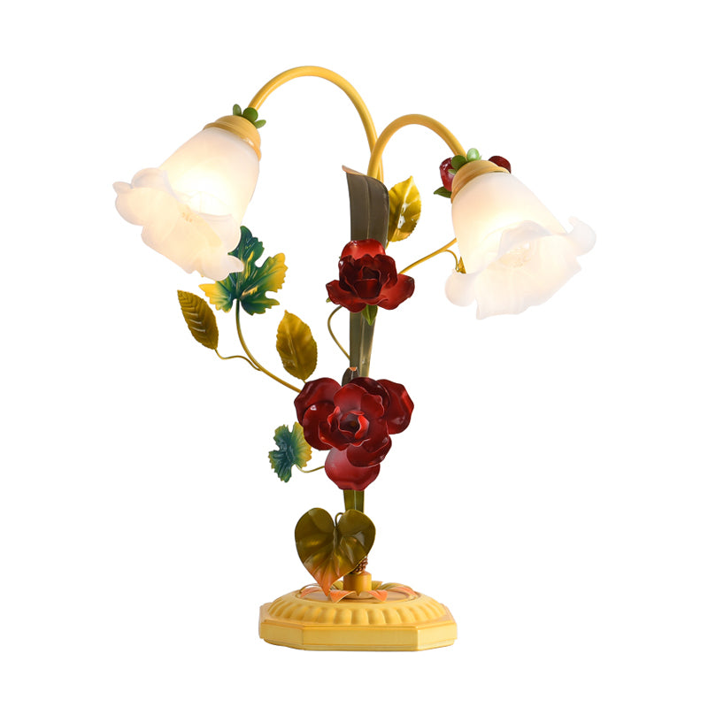 Lampada da tavolo giallo in vetro smerigliato fiore single lampadina antica luce di rosa con braccio ad arco