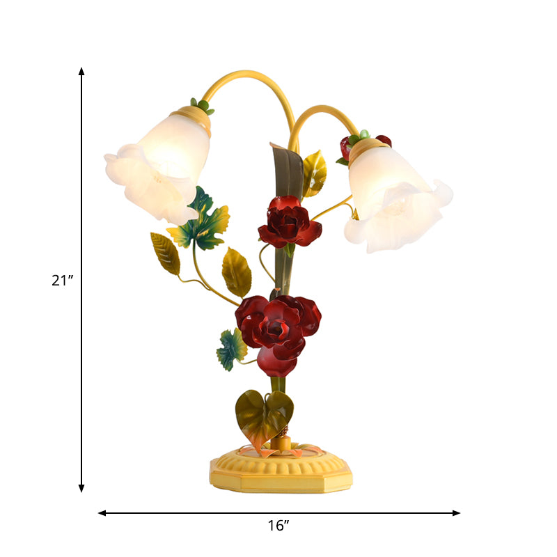 Lampada da tavolo giallo in vetro smerigliato fiore single lampadina antica luce di rosa con braccio ad arco