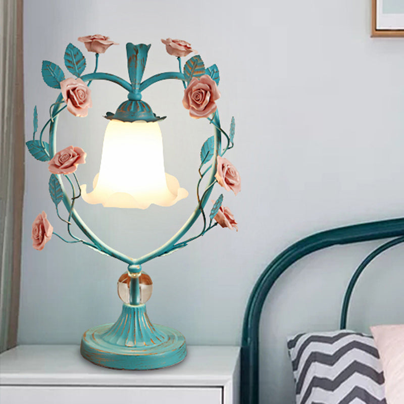 Beige/Blue Single Head Night Light Classic White Glass Bloom Reading Book Lamp with Heart Frame and Rose Design