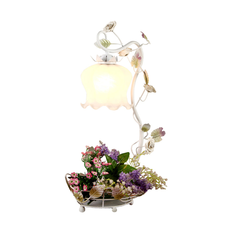 Lampada da scrivania vintage a fiori 1 illuminazione da comodino in vetro color crema chiaro con decorazioni a rose e foglie in bianco/beige/blu