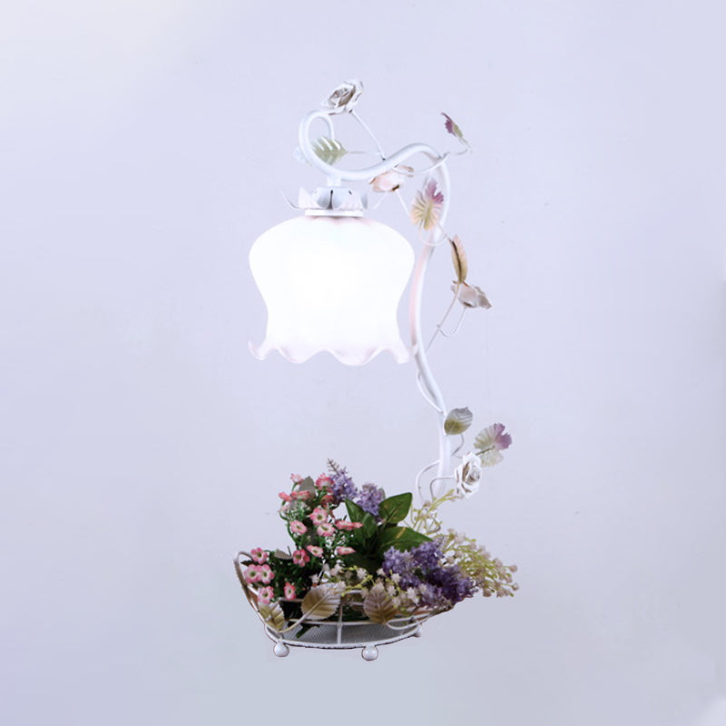 Lampada da scrivania vintage a fiori 1 illuminazione da comodino in vetro color crema chiaro con decorazioni a rose e foglie in bianco/beige/blu