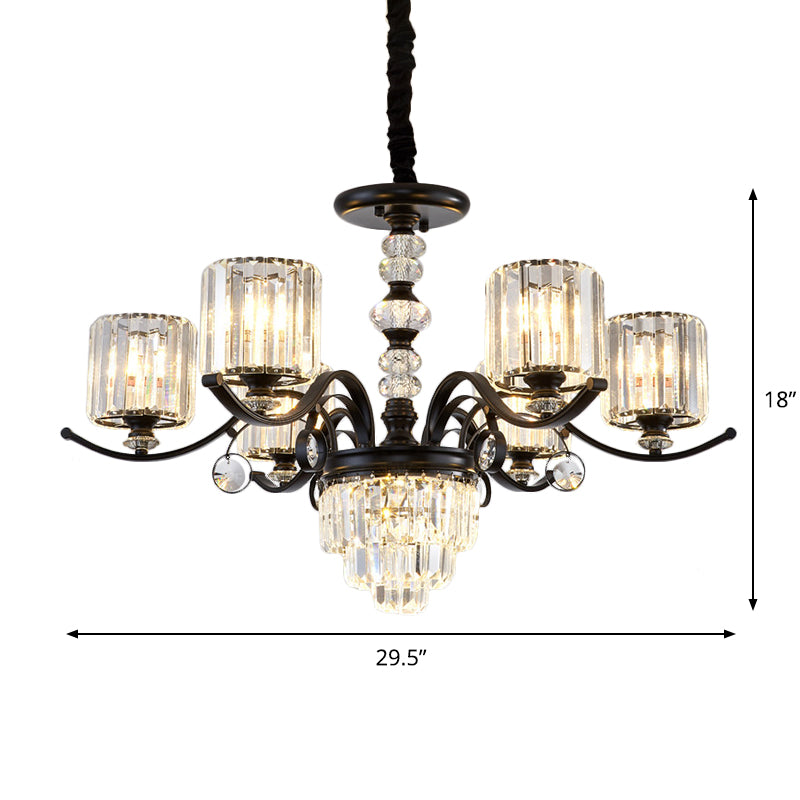 Tiered Parlor Hanging Chandelier Crystal Rectangle 6 Lights Simple Ceiling Lamp with Cylindrical Shade in Black